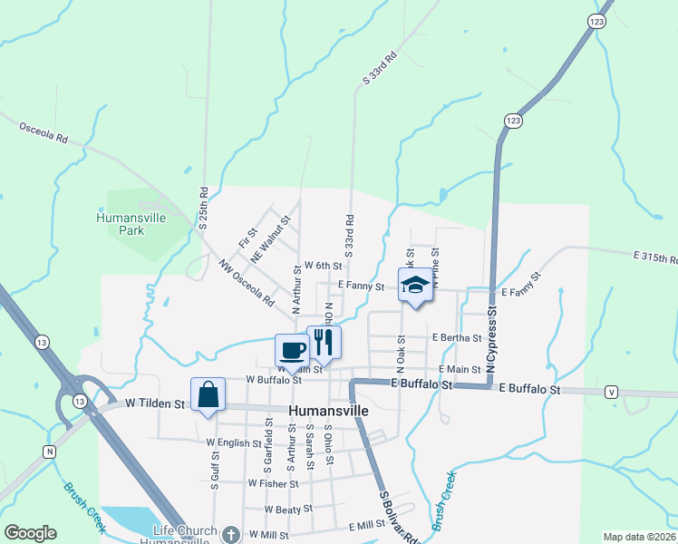 map of restaurants, bars, coffee shops, grocery stores, and more near 101-115 West 6th Street in Humansville
