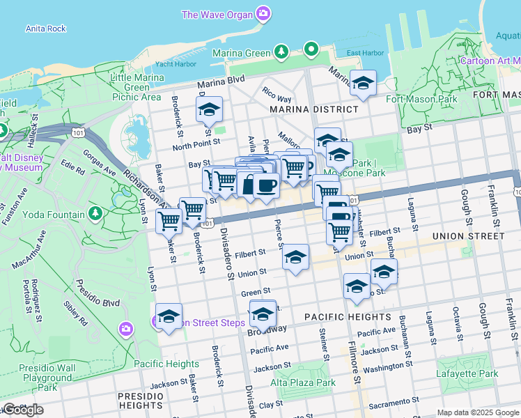 map of restaurants, bars, coffee shops, grocery stores, and more near in San Francisco