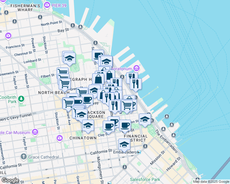 map of restaurants, bars, coffee shops, grocery stores, and more near 101 Vallejo Street in San Francisco