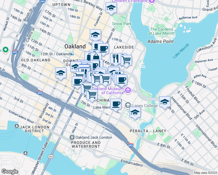 map of restaurants, bars, coffee shops, grocery stores, and more near 183 11th Street in Oakland