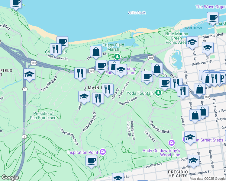 map of restaurants, bars, coffee shops, grocery stores, and more near 20 Keyes Ave in San Francisco