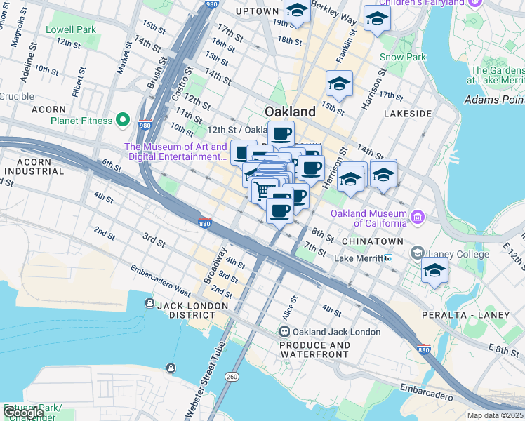 map of restaurants, bars, coffee shops, grocery stores, and more near 763 Franklin Street in Oakland