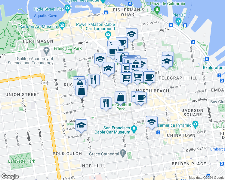 map of restaurants, bars, coffee shops, grocery stores, and more near 950 Union Street in San Francisco
