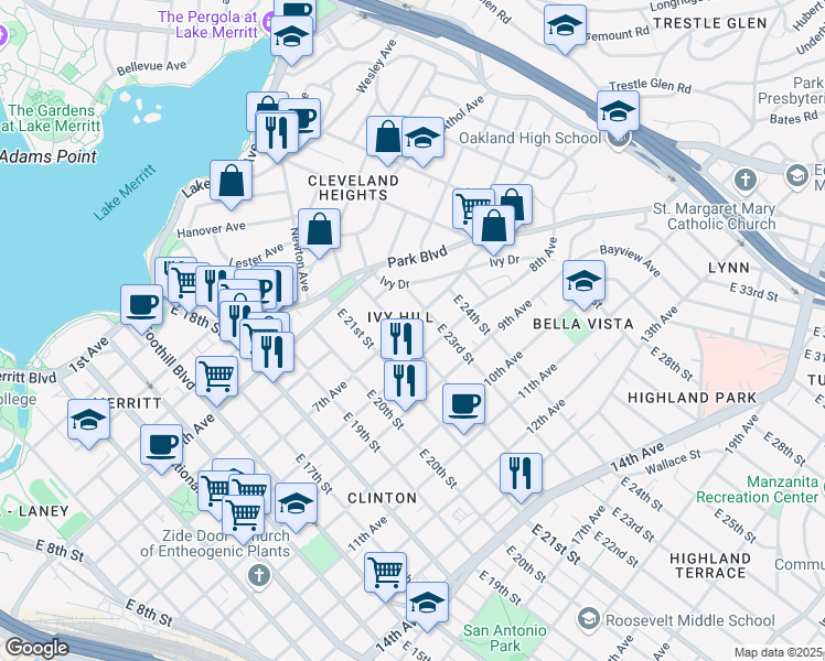 map of restaurants, bars, coffee shops, grocery stores, and more near 710 East 22nd Street in Oakland