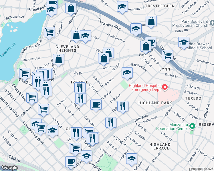 map of restaurants, bars, coffee shops, grocery stores, and more near 2420 9th Avenue in Oakland