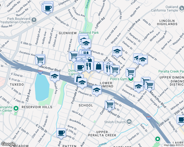 map of restaurants, bars, coffee shops, grocery stores, and more near 3464 Champion Street in Oakland