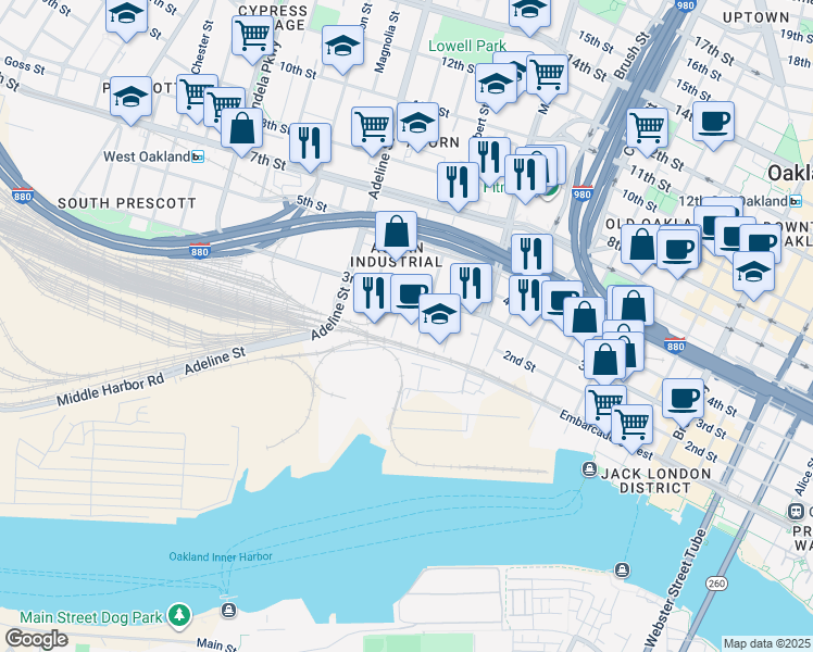 map of restaurants, bars, coffee shops, grocery stores, and more near 154 Linden Street in Oakland