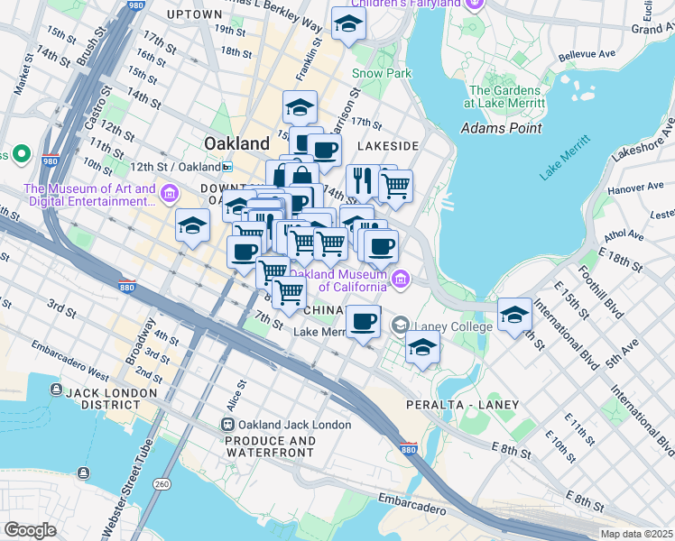map of restaurants, bars, coffee shops, grocery stores, and more near 1020 Jackson Street in Oakland