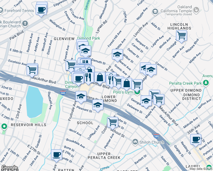 map of restaurants, bars, coffee shops, grocery stores, and more near in Oakland