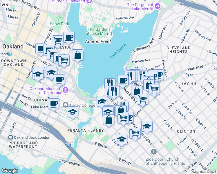 map of restaurants, bars, coffee shops, grocery stores, and more near 1402 Lakeshore Avenue in Oakland