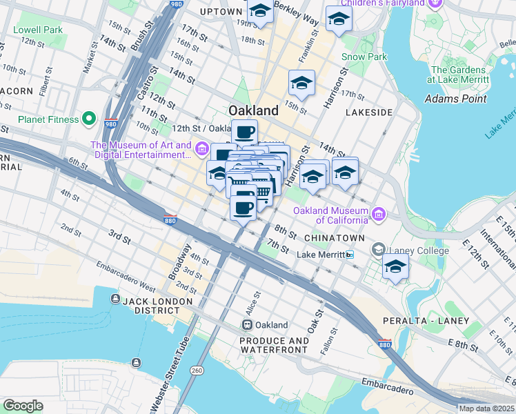 map of restaurants, bars, coffee shops, grocery stores, and more near 350 9th Street in Oakland