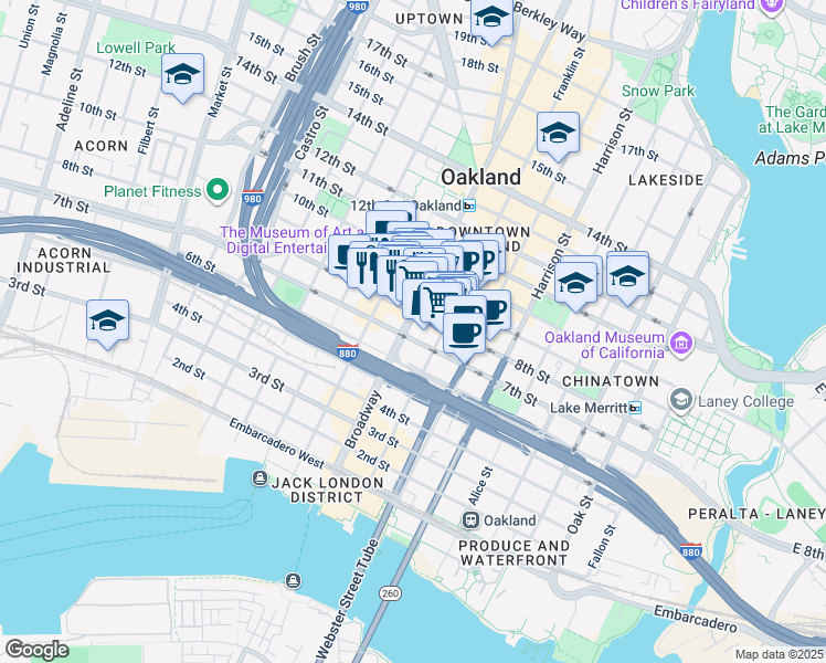 map of restaurants, bars, coffee shops, grocery stores, and more near in Oakland