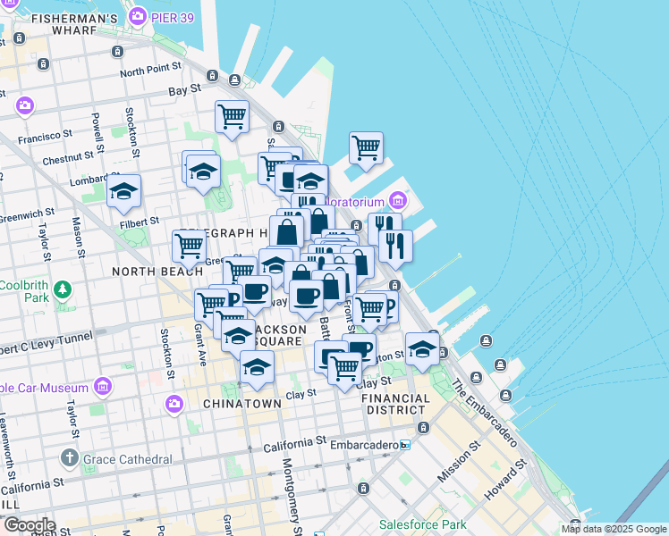 map of restaurants, bars, coffee shops, grocery stores, and more near 900 Front Street in San Francisco