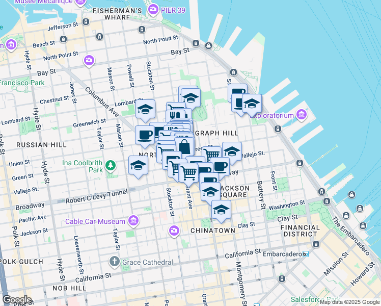 map of restaurants, bars, coffee shops, grocery stores, and more near 1309 Kearny Street in San Francisco