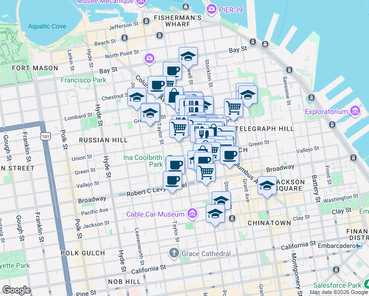 map of restaurants, bars, coffee shops, grocery stores, and more near 769 Union Street in San Francisco