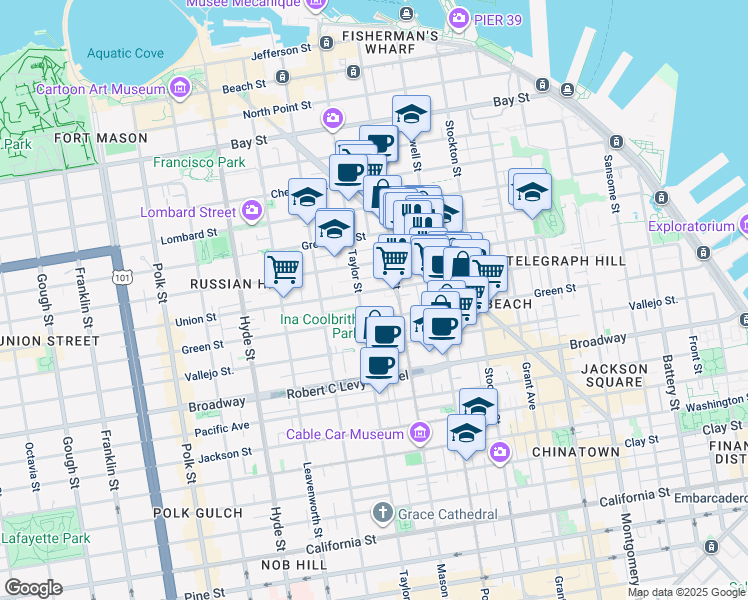 map of restaurants, bars, coffee shops, grocery stores, and more near 862 Union Street in San Francisco