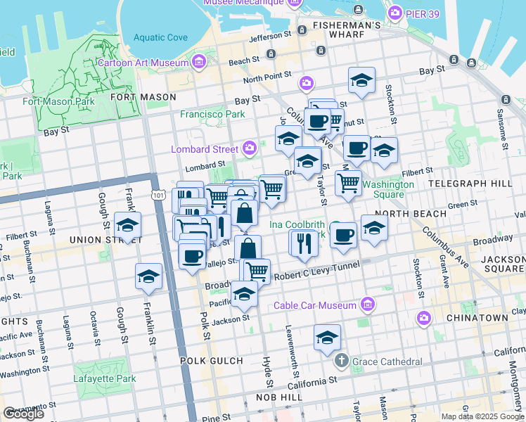 map of restaurants, bars, coffee shops, grocery stores, and more near 14A Havens Street in San Francisco