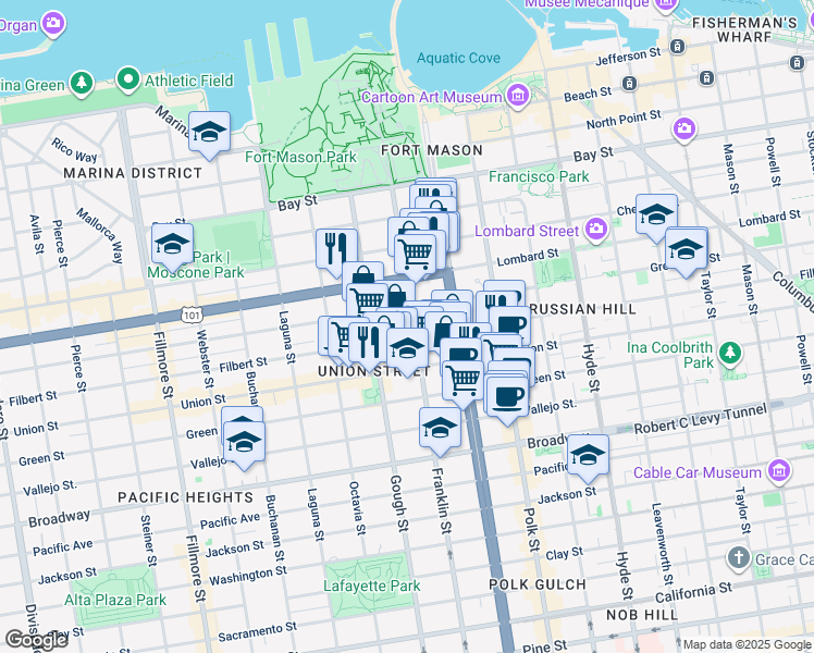 map of restaurants, bars, coffee shops, grocery stores, and more near in San Francisco
