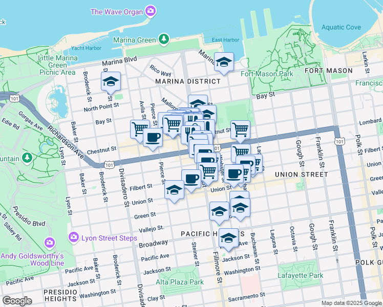 map of restaurants, bars, coffee shops, grocery stores, and more near in San Francisco