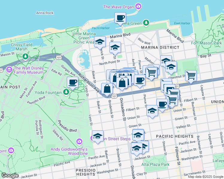 map of restaurants, bars, coffee shops, grocery stores, and more near 2430 Chestnut Street in San Francisco
