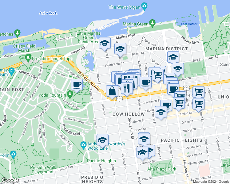 map of restaurants, bars, coffee shops, grocery stores, and more near 2430 Chestnut Street in San Francisco