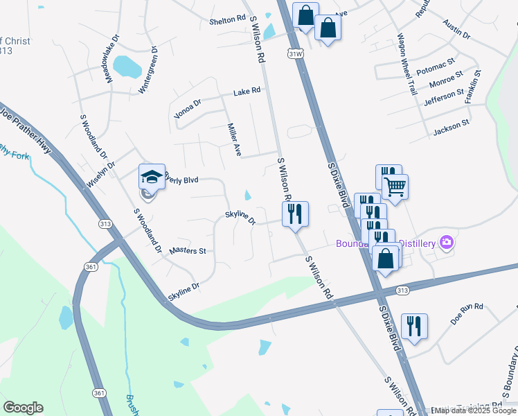 map of restaurants, bars, coffee shops, grocery stores, and more near 106 Virgil Court in Radcliff