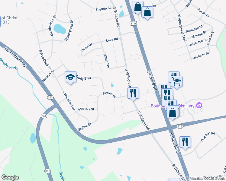 map of restaurants, bars, coffee shops, grocery stores, and more near 106 Virgil Court in Radcliff