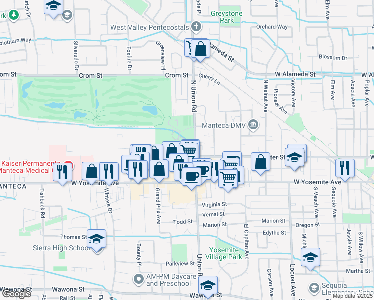 map of restaurants, bars, coffee shops, grocery stores, and more near 1215 West Center Street in Manteca