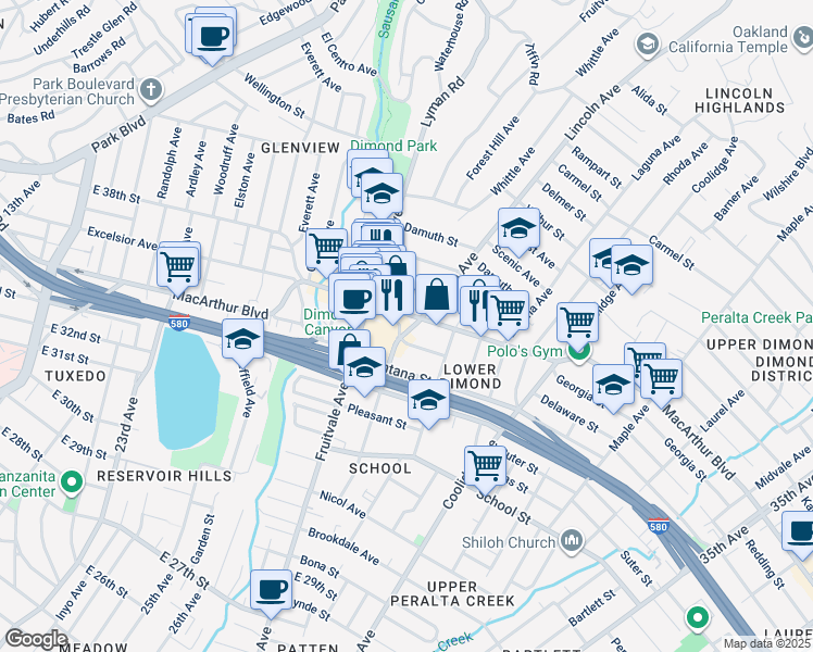 map of restaurants, bars, coffee shops, grocery stores, and more near 3464 Champion Street in Oakland