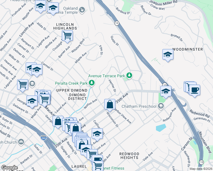 map of restaurants, bars, coffee shops, grocery stores, and more near 4151 Eastlake Avenue in Oakland