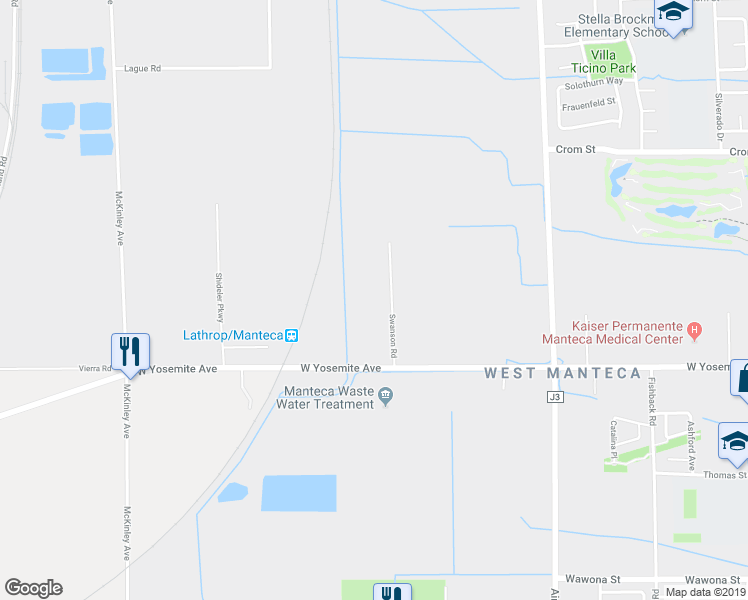 map of restaurants, bars, coffee shops, grocery stores, and more near 225 Swanson Road in Manteca