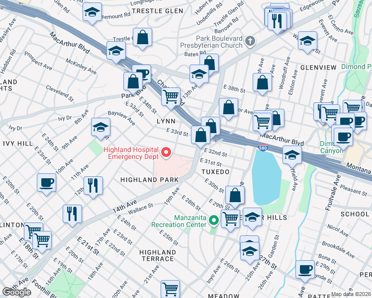 map of restaurants, bars, coffee shops, grocery stores, and more near 1435 East 32nd Street in Oakland