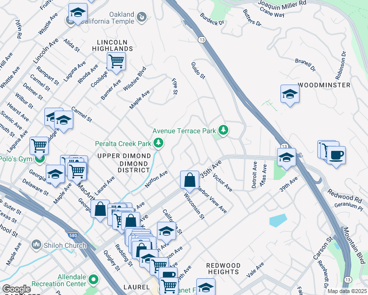 map of restaurants, bars, coffee shops, grocery stores, and more near 4151 Eastlake Avenue in Oakland