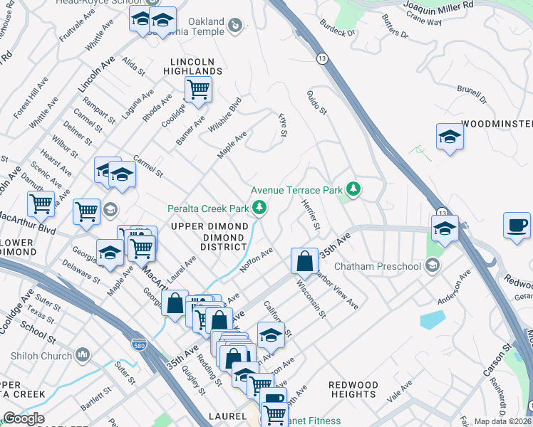 map of restaurants, bars, coffee shops, grocery stores, and more near 4010 Rettig Avenue in Oakland