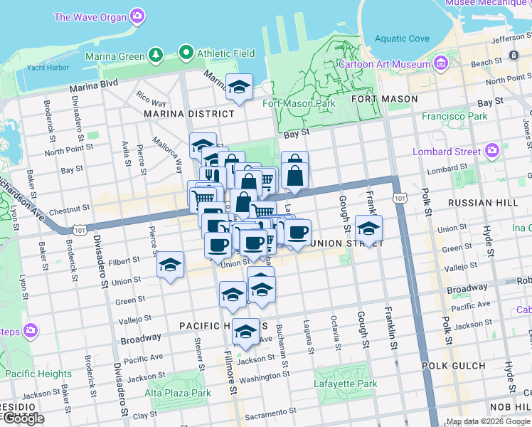 map of restaurants, bars, coffee shops, grocery stores, and more near 1880 Lombard Street in San Francisco