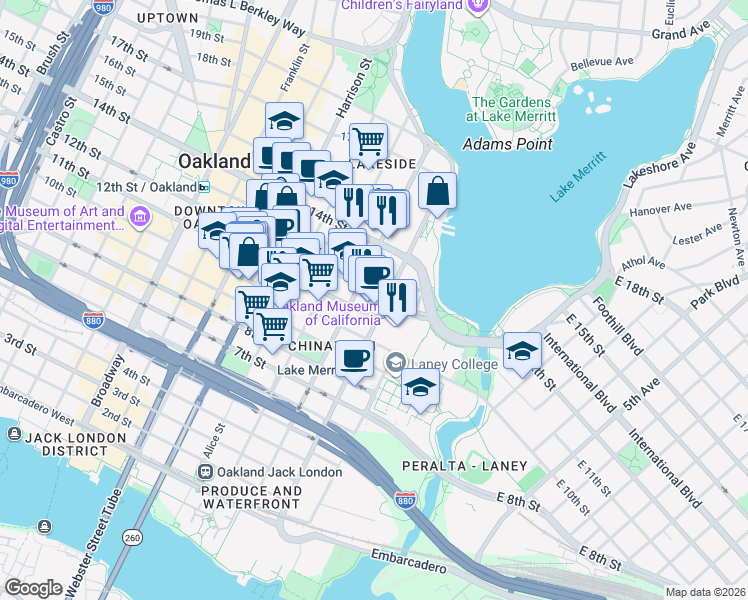 map of restaurants, bars, coffee shops, grocery stores, and more near 125 12th Street in Oakland