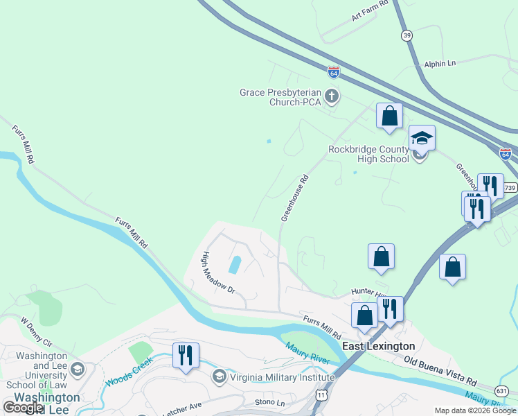 map of restaurants, bars, coffee shops, grocery stores, and more near 48 Woodridge Lane in Lexington