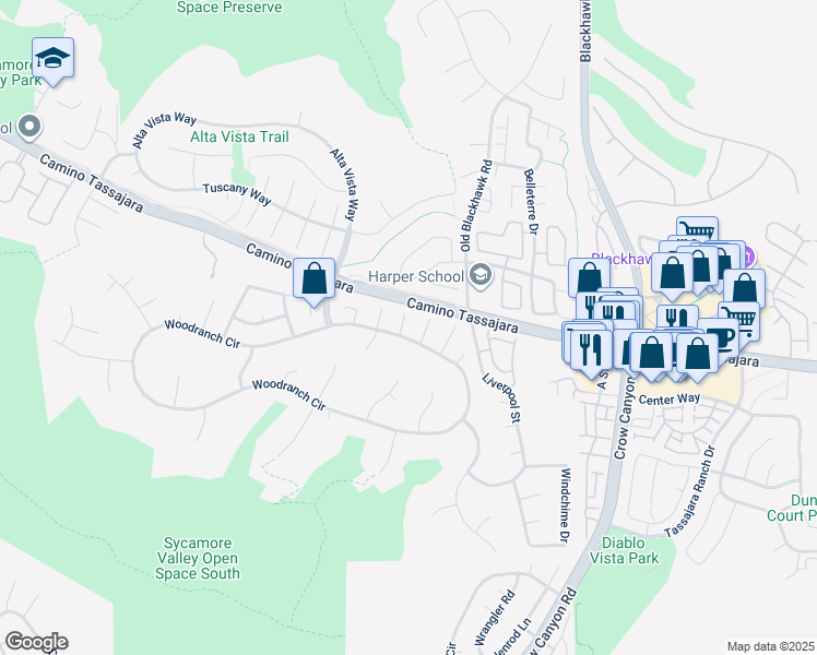map of restaurants, bars, coffee shops, grocery stores, and more near 20 Stratford Court in Danville