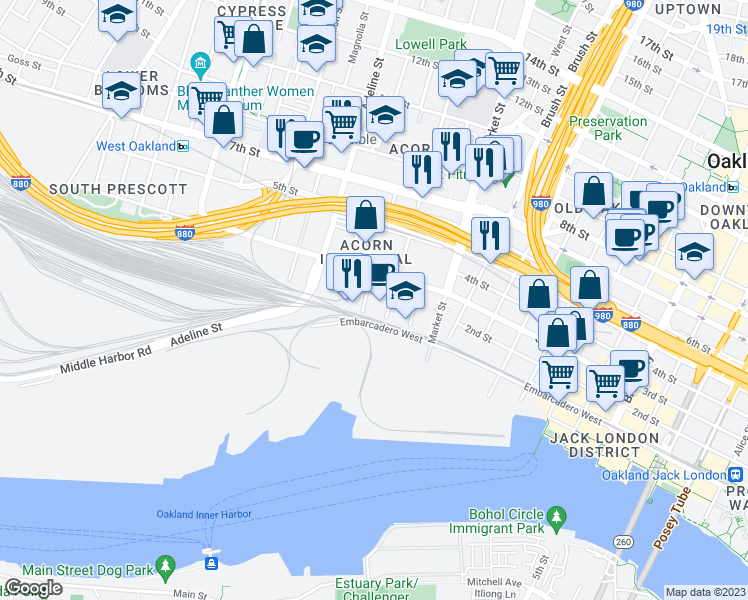 map of restaurants, bars, coffee shops, grocery stores, and more near 130 Linden Street in Oakland