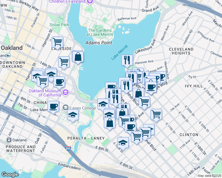 map of restaurants, bars, coffee shops, grocery stores, and more near 1438 Lakeshore Avenue in Oakland