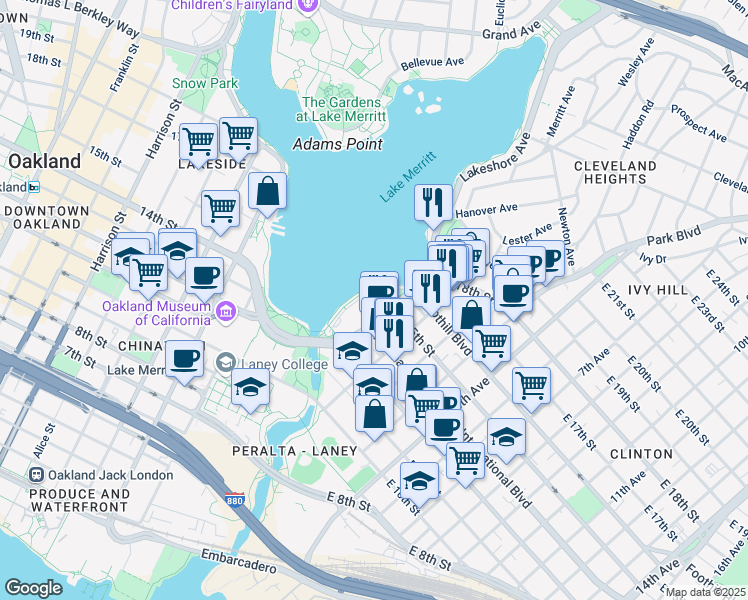 map of restaurants, bars, coffee shops, grocery stores, and more near 1402 Lakeshore Avenue in Oakland