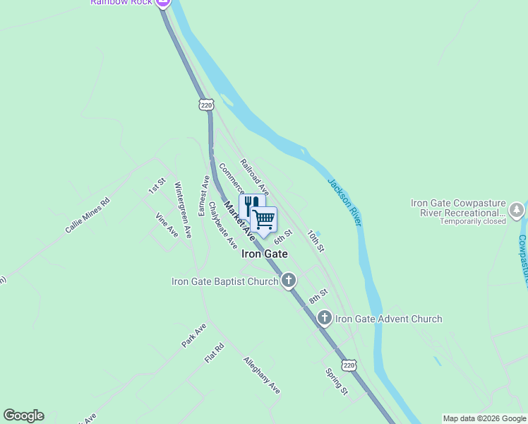 map of restaurants, bars, coffee shops, grocery stores, and more near 400-498 Railroad Avenue in Iron Gate