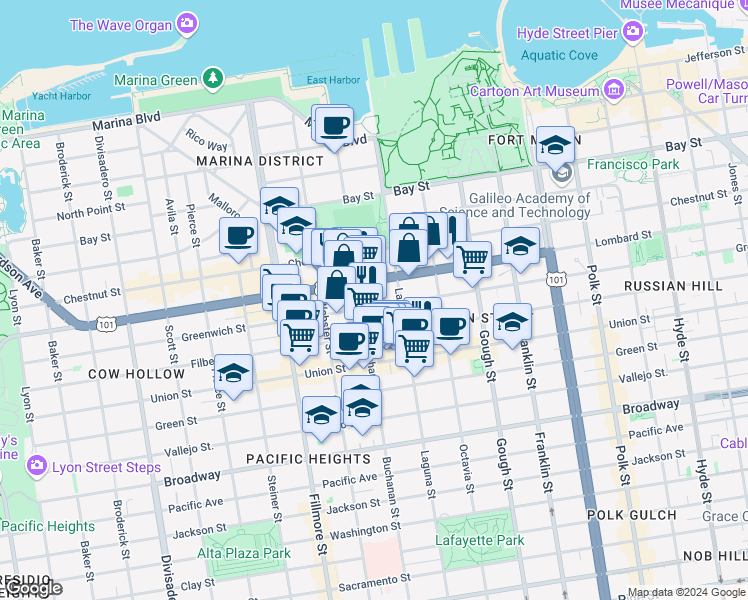 map of restaurants, bars, coffee shops, grocery stores, and more near 1966 Greenwich Street in San Francisco