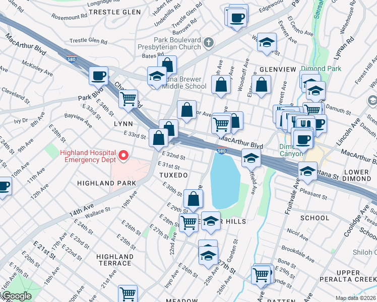 map of restaurants, bars, coffee shops, grocery stores, and more near 1659 East 33rd Street in Oakland