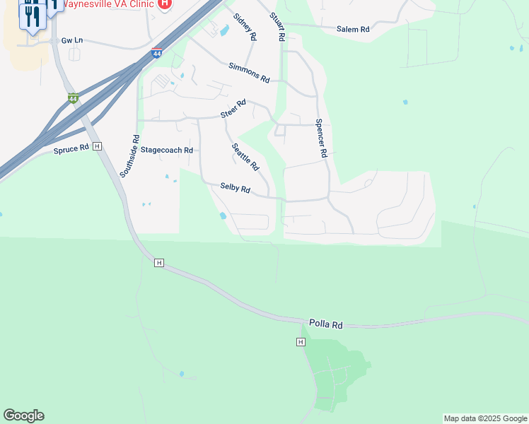 map of restaurants, bars, coffee shops, grocery stores, and more near 20030 Selby Road in Waynesville