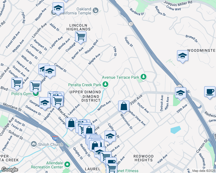 map of restaurants, bars, coffee shops, grocery stores, and more near 4010 Rettig Avenue in Oakland