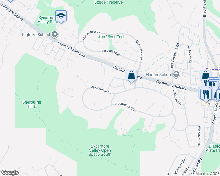 map of restaurants, bars, coffee shops, grocery stores, and more near 1001 Ashland Court in Danville