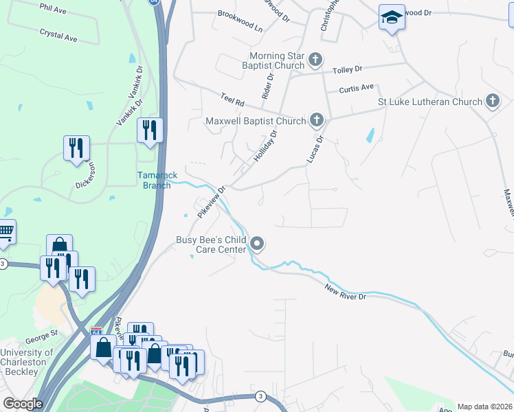map of restaurants, bars, coffee shops, grocery stores, and more near 606 Pikeview Drive in Beckley