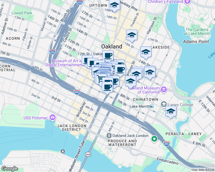 map of restaurants, bars, coffee shops, grocery stores, and more near 2 8th Street in Oakland