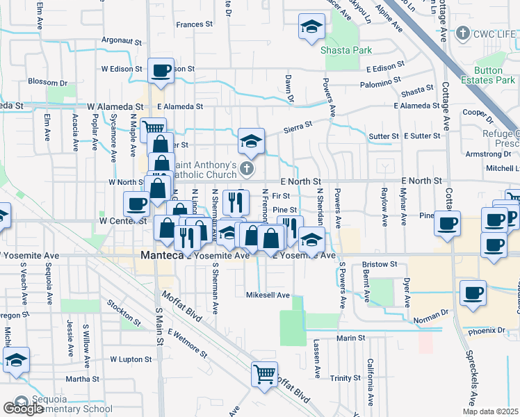 map of restaurants, bars, coffee shops, grocery stores, and more near 518 Fir Street in Manteca